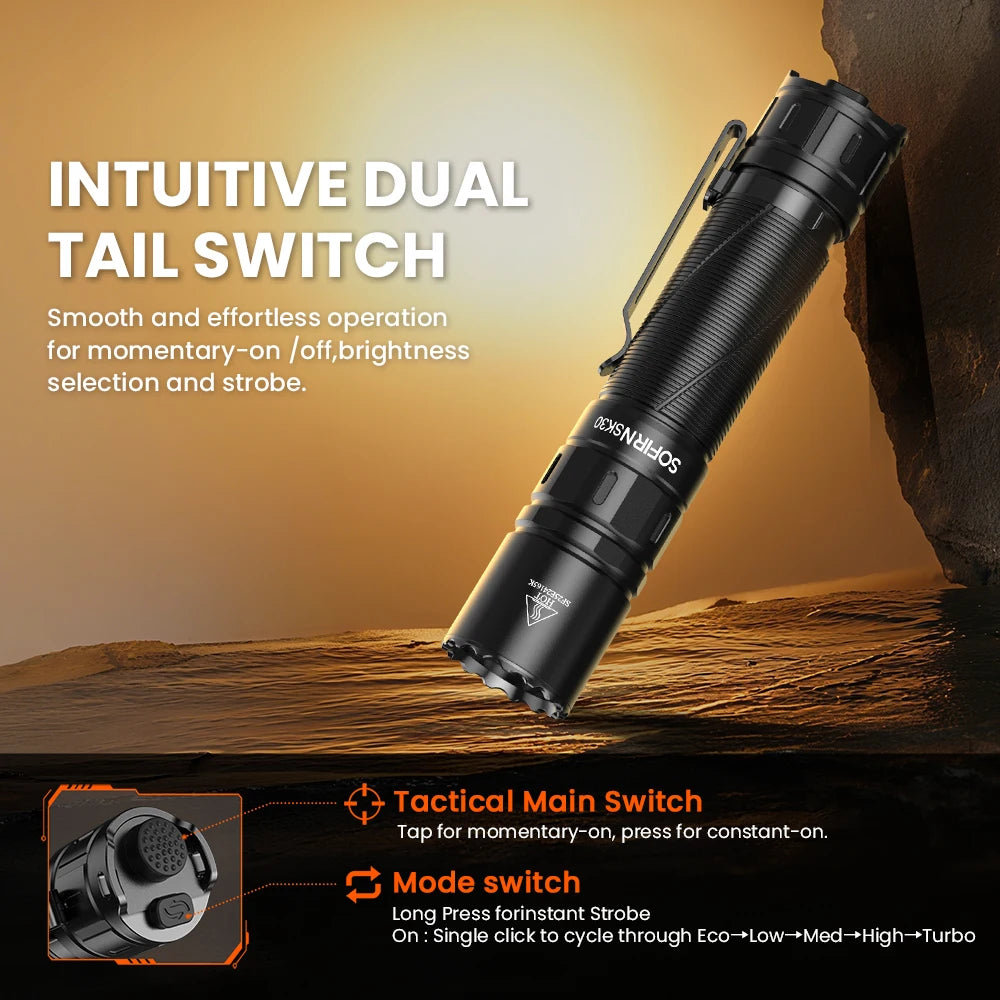Sofirn SK30 21700 Rechargeable Tactical Flashlight Dual Tail Switches